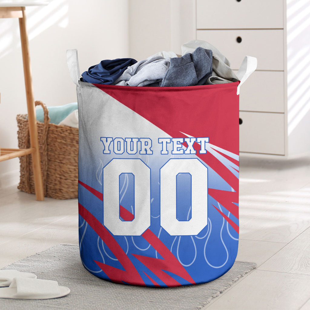 Personalized England Football Laundry Basket Dynamic Lion Athlete Red Blue Flame