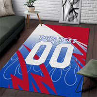 Personalized England Football Area Rug Dynamic Lion Athlete Red Blue Flame
