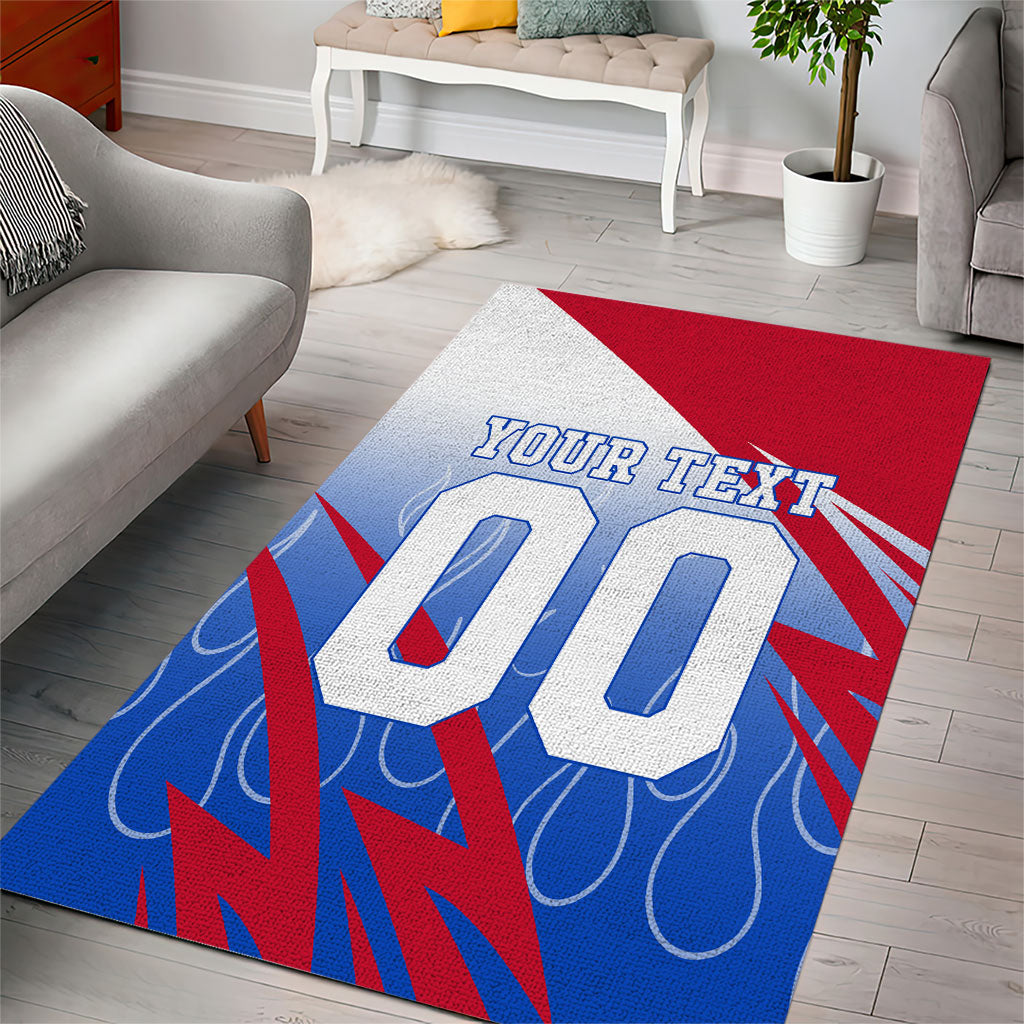 Personalized England Football Area Rug Dynamic Lion Athlete Red Blue Flame