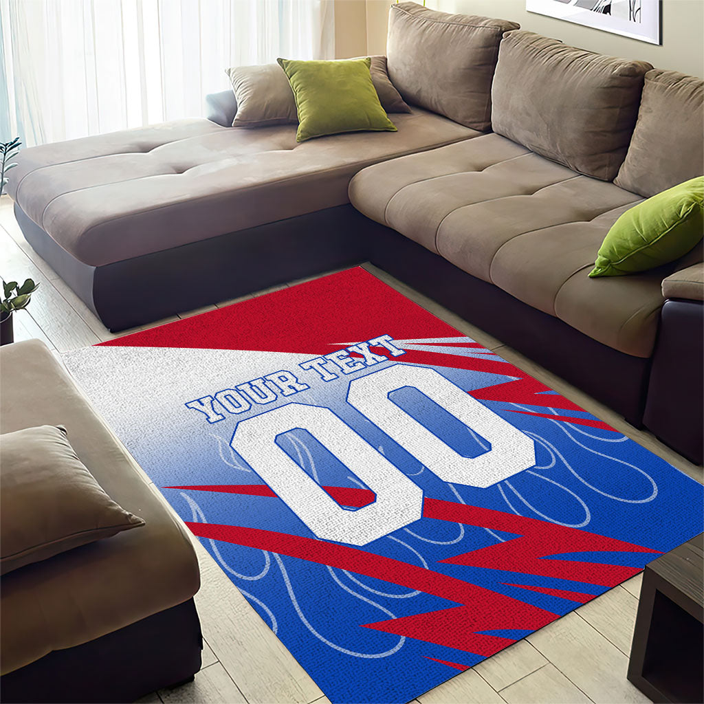 Personalized England Football Area Rug Dynamic Lion Athlete Red Blue Flame