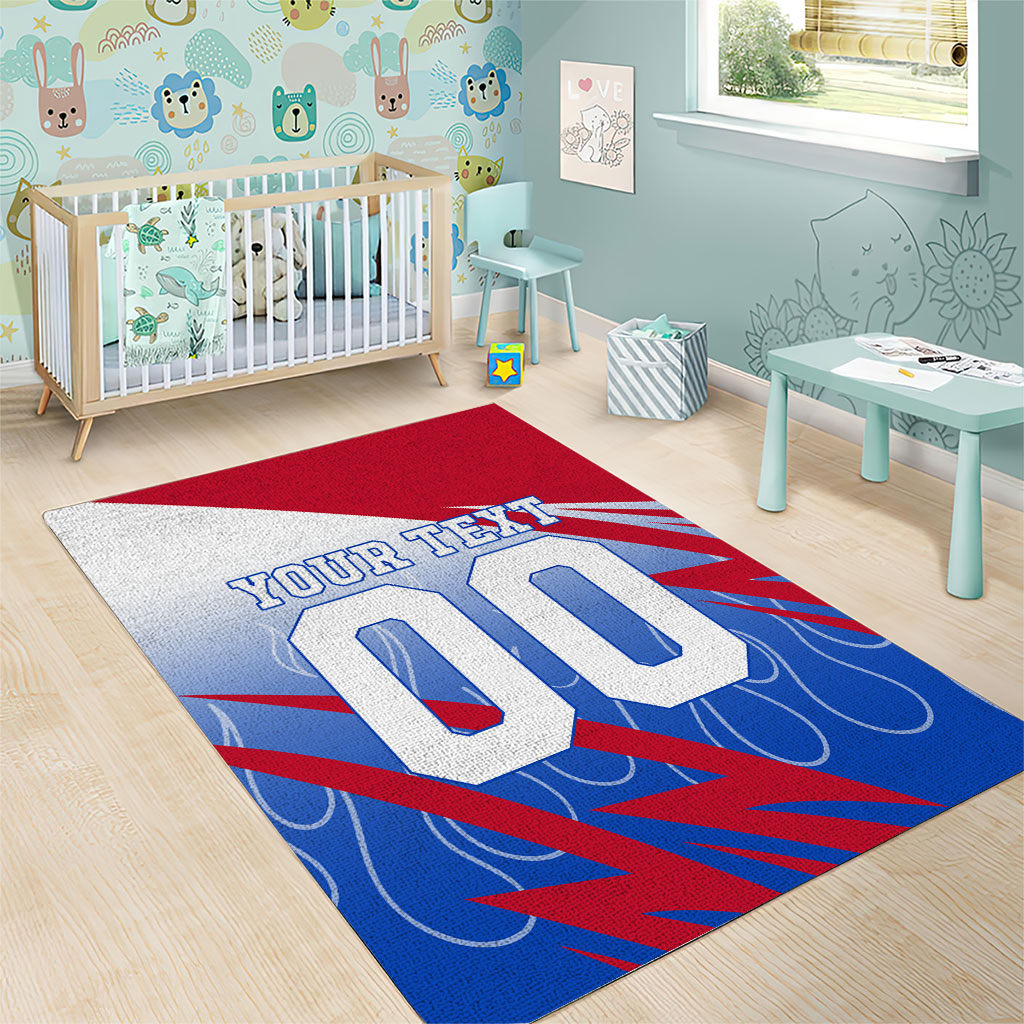 Personalized England Football Area Rug Dynamic Lion Athlete Red Blue Flame