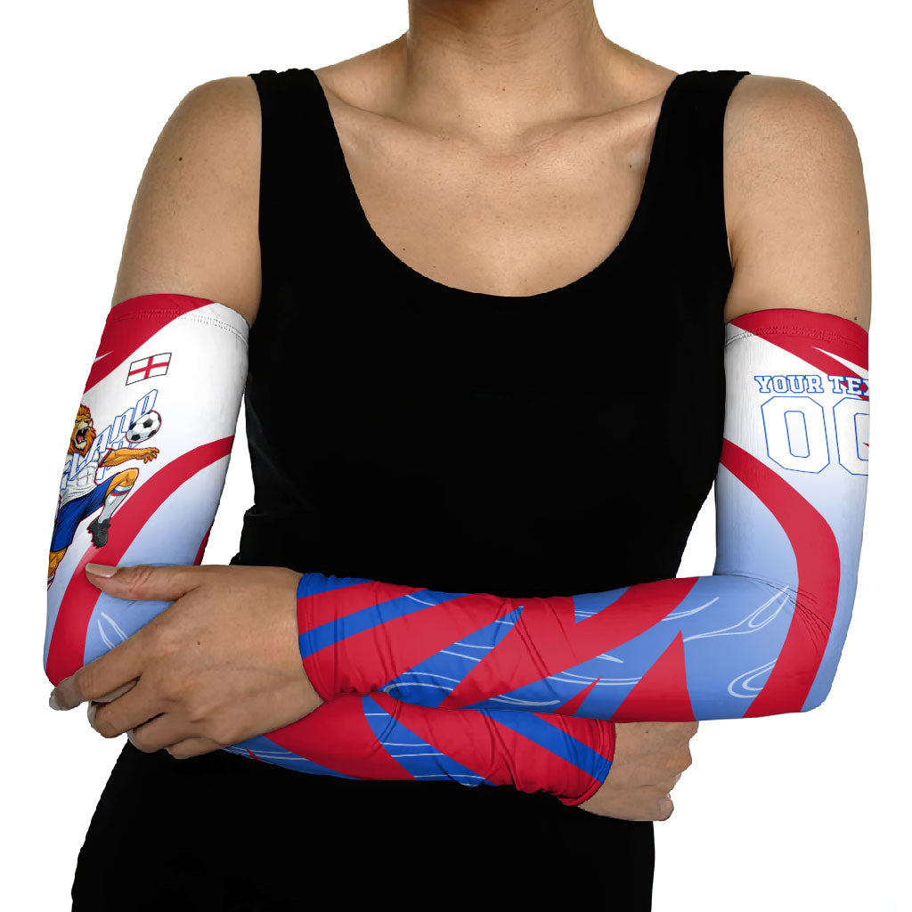 Personalized England Football Arm Sleeves Dynamic Lion Athlete Red Blue Flame
