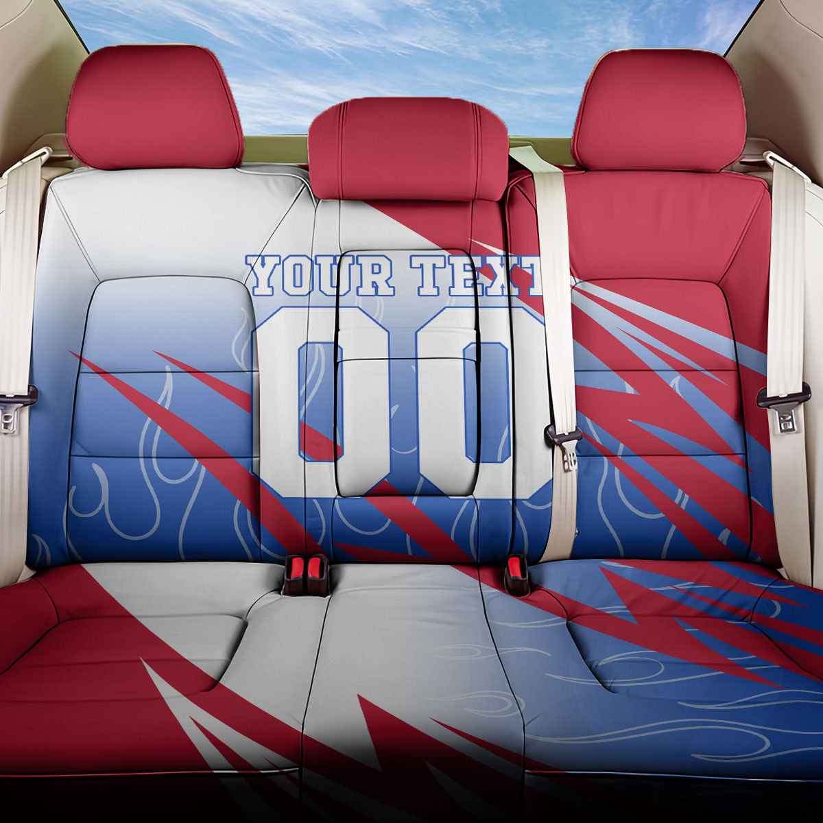 Personalized England Football Back Car Seat Cover Dynamic Lion Athlete Red Blue Flame