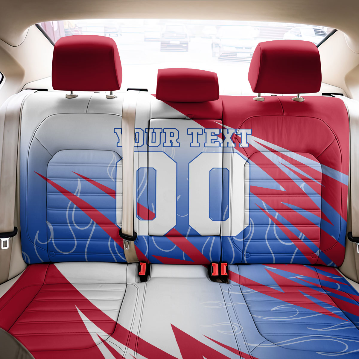 Personalized England Football Back Car Seat Cover Dynamic Lion Athlete Red Blue Flame