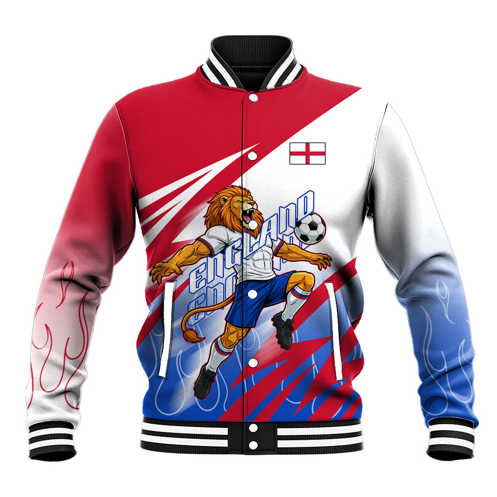 Personalized England Football Baseball Jacket Dynamic Lion Athlete Red Blue Flame