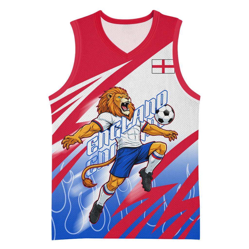 Personalized England Football Basketball Jersey Dynamic Lion Athlete Red Blue Flame