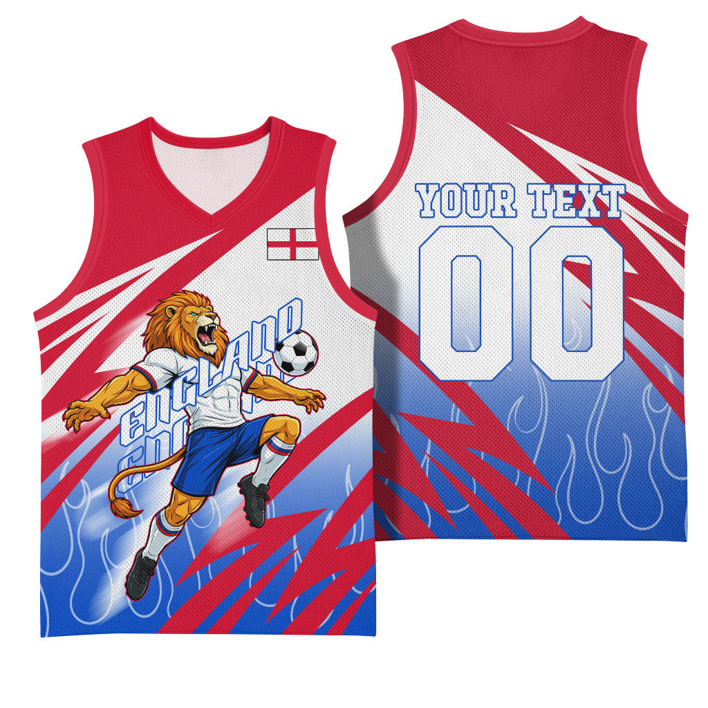 Personalized England Football Basketball Jersey Dynamic Lion Athlete Red Blue Flame