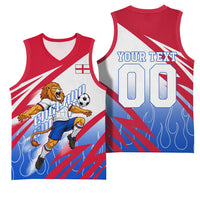 Personalized England Football Basketball Jersey Dynamic Lion Athlete Red Blue Flame