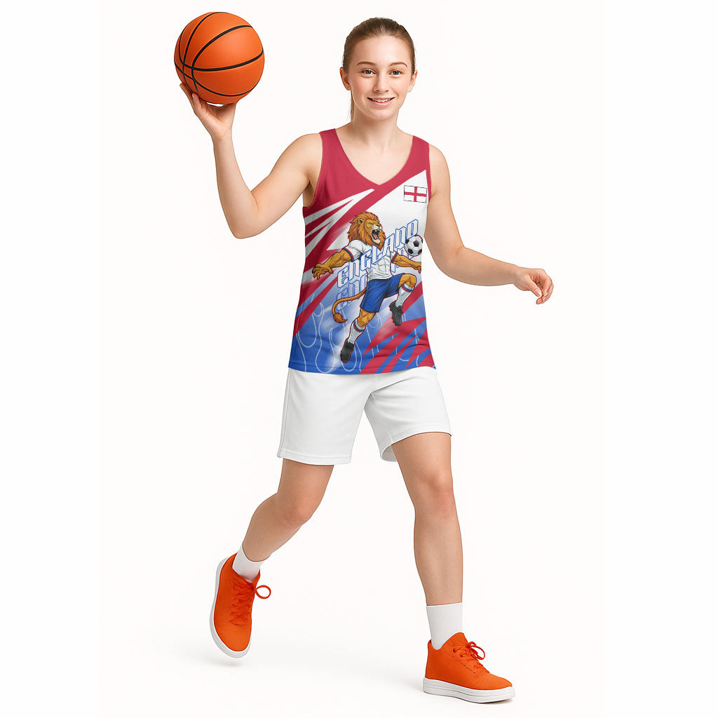 Personalized England Football Basketball Jersey Dynamic Lion Athlete Red Blue Flame
