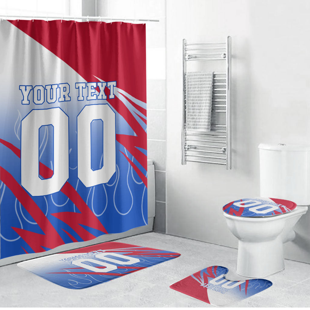 Personalized England Football Bathroom Set Dynamic Lion Athlete Red Blue Flame