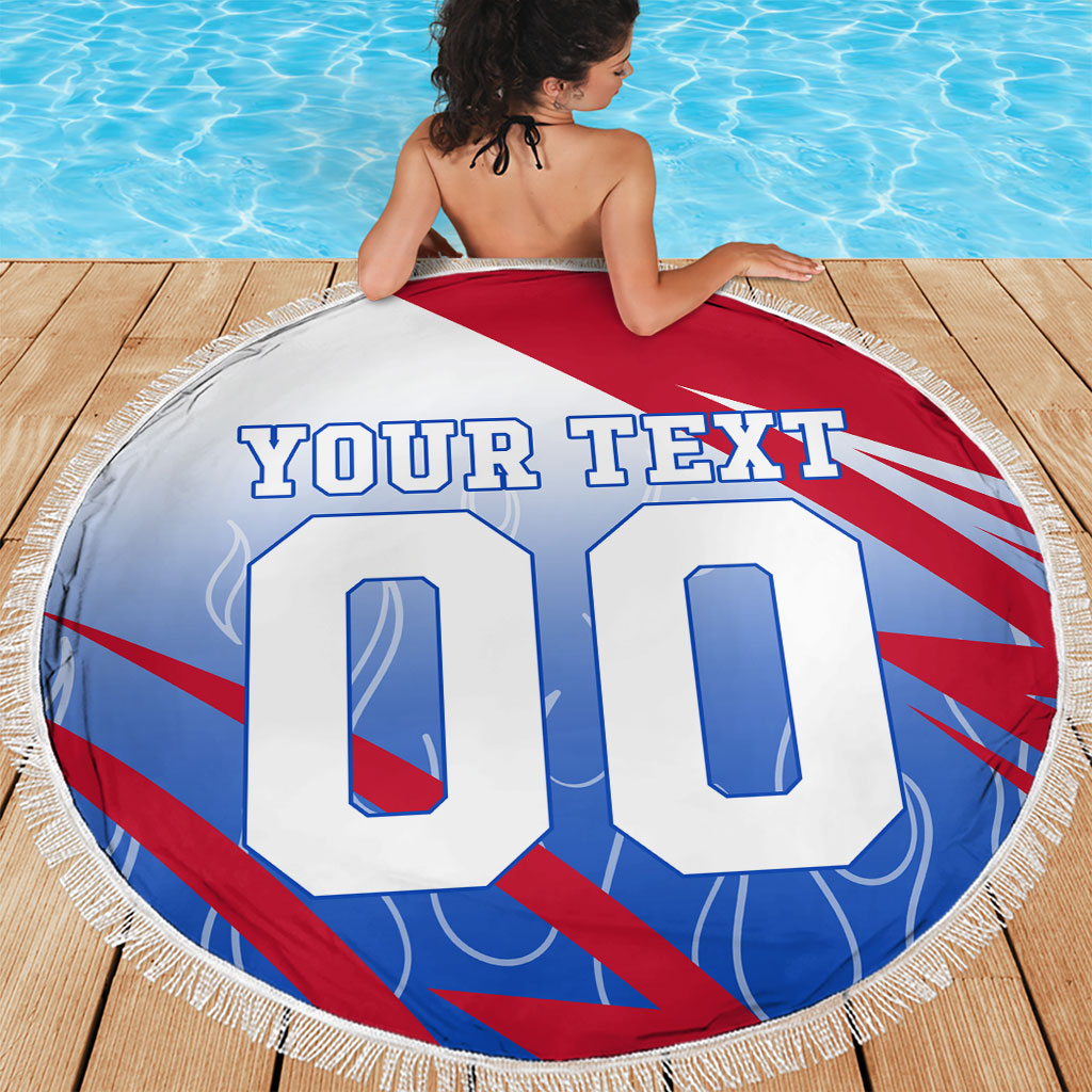 Personalized England Football Beach Blanket Dynamic Lion Athlete Red Blue Flame