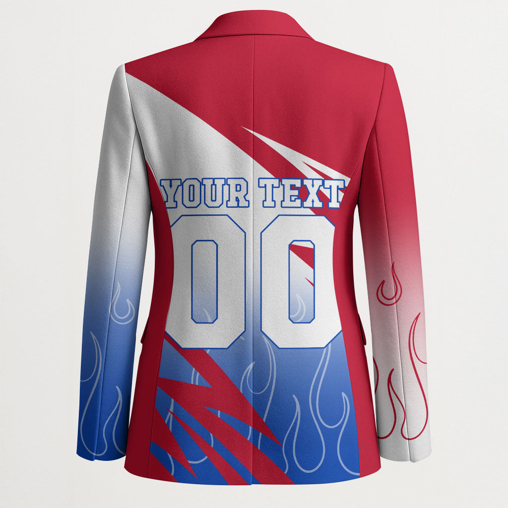 Personalized England Football Blazer Dynamic Lion Athlete Red Blue Flame