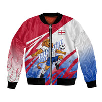 Personalized England Football Bomber Jacket Dynamic Lion Athlete Red Blue Flame