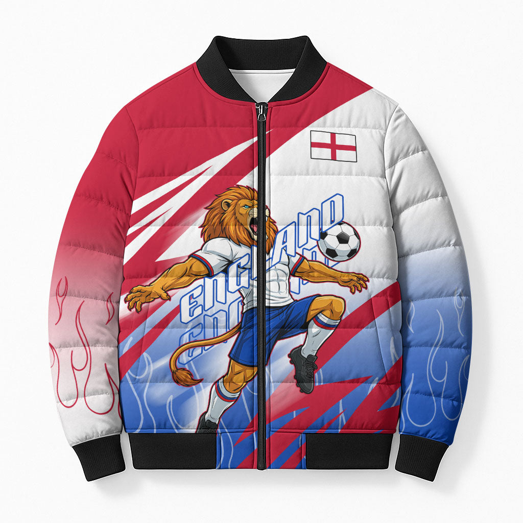 Personalized England Football Bomber Puffer Jacket Dynamic Lion Athlete Red Blue Flame