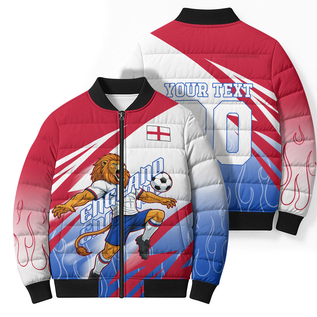 Personalized England Football Bomber Puffer Jacket Dynamic Lion Athlete Red Blue Flame