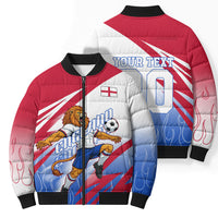 Personalized England Football Bomber Puffer Jacket Dynamic Lion Athlete Red Blue Flame