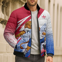 Personalized England Football Bomber Puffer Jacket Dynamic Lion Athlete Red Blue Flame