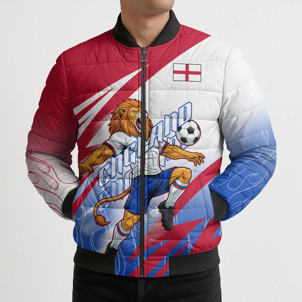 Personalized England Football Bomber Puffer Jacket Dynamic Lion Athlete Red Blue Flame