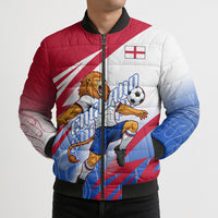 Personalized England Football Bomber Puffer Jacket Dynamic Lion Athlete Red Blue Flame