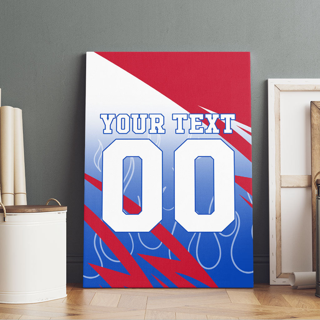 Personalized England Football Canvas Wall Art Dynamic Lion Athlete Red Blue Flame