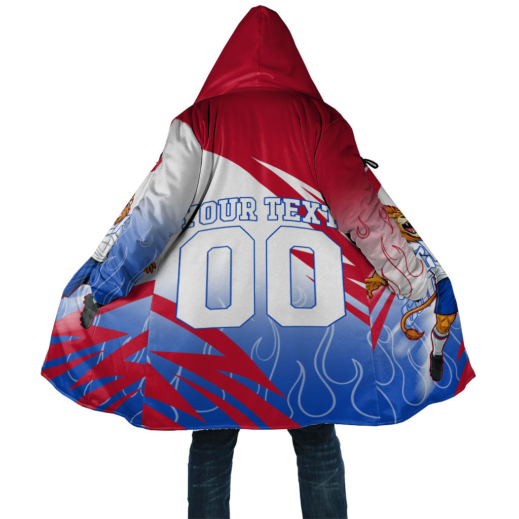 Personalized England Football Cloak Dynamic Lion Athlete Red Blue Flame