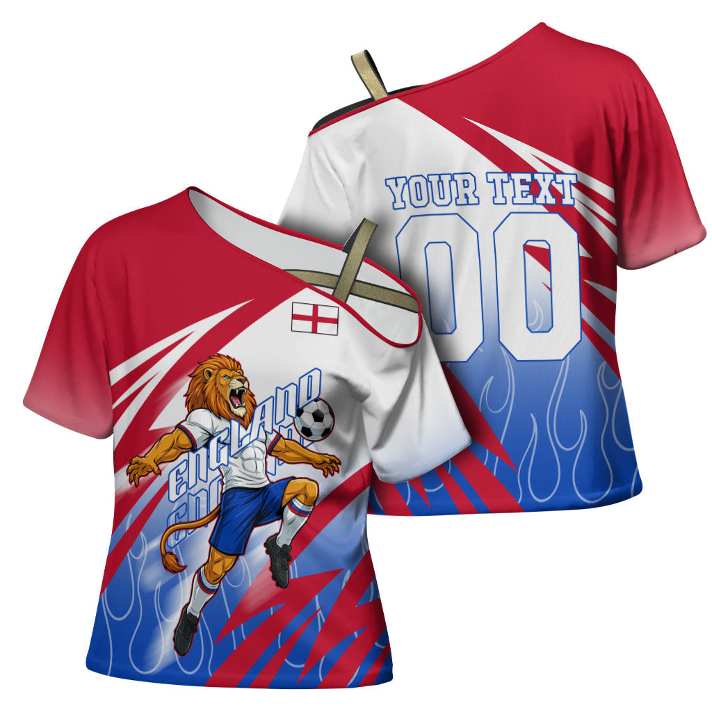Personalized England Football Cross Shoulder Shirt Dynamic Lion Athlete Red Blue Flame