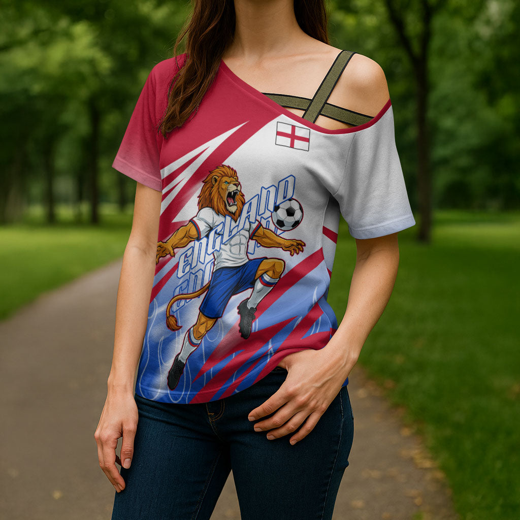 Personalized England Football Cross Shoulder Shirt Dynamic Lion Athlete Red Blue Flame