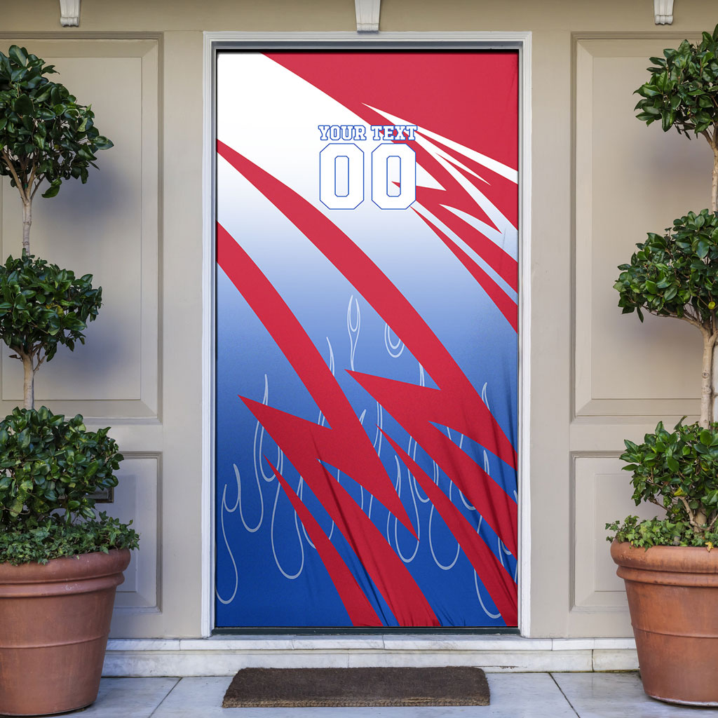 Personalized England Football Door Cover Dynamic Lion Athlete Red Blue Flame