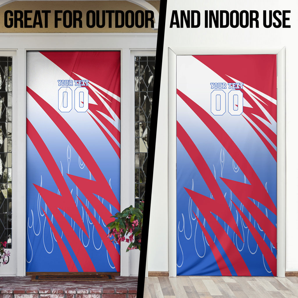 Personalized England Football Door Cover Dynamic Lion Athlete Red Blue Flame