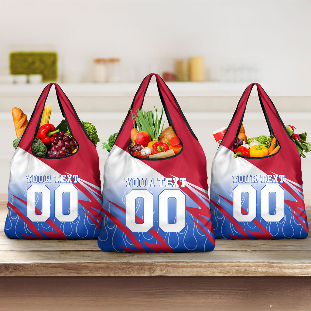Personalized England Football Grocery Bag Dynamic Lion Athlete Red Blue Flame