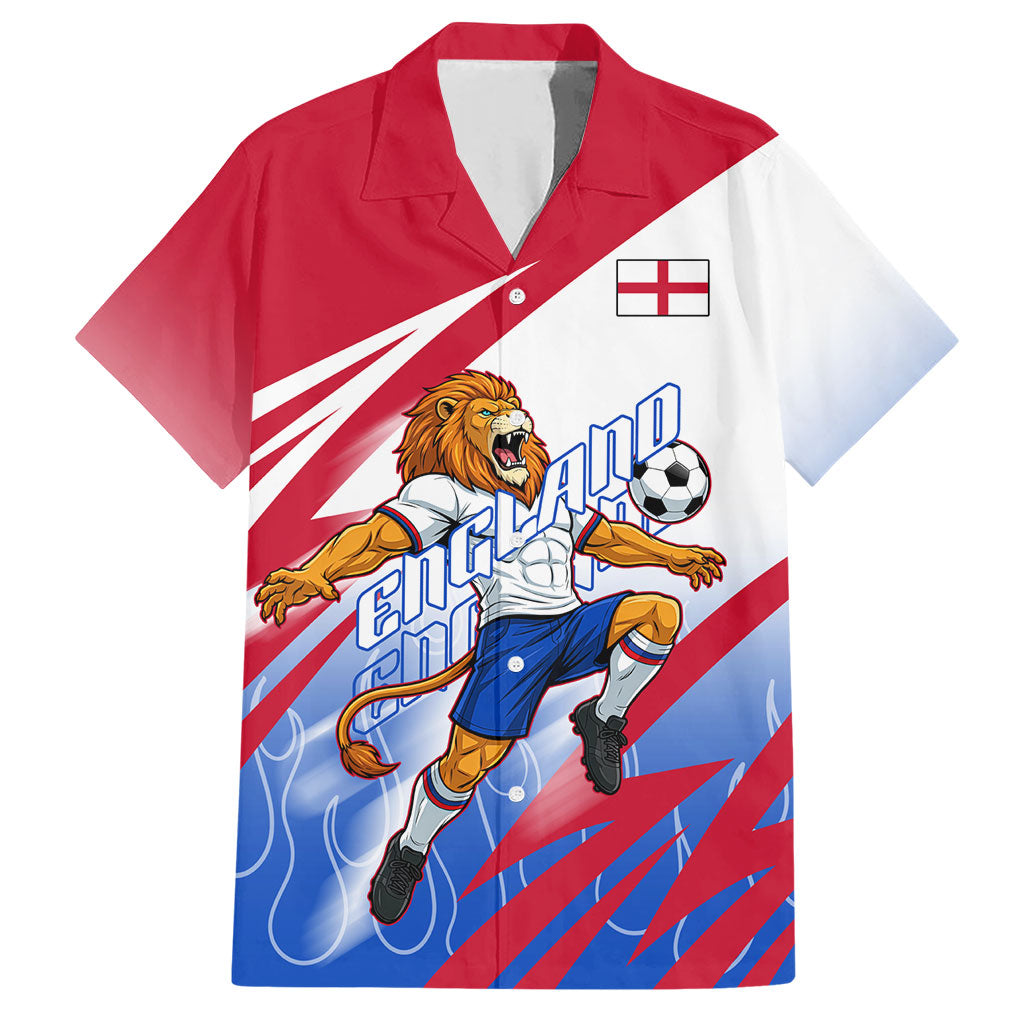 Personalized England Football Hawaiian Shirt Dynamic Lion Athlete Red Blue Flame