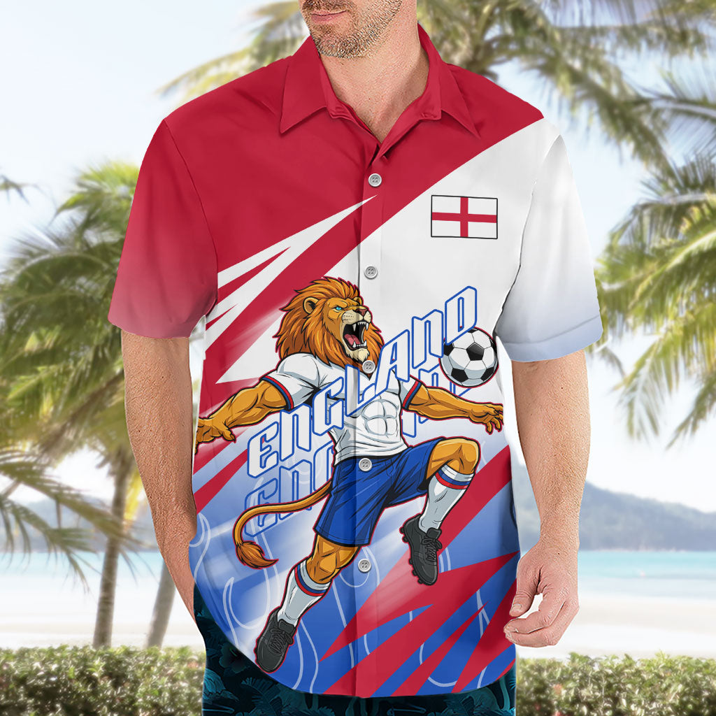 Personalized England Football Hawaiian Shirt Dynamic Lion Athlete Red Blue Flame