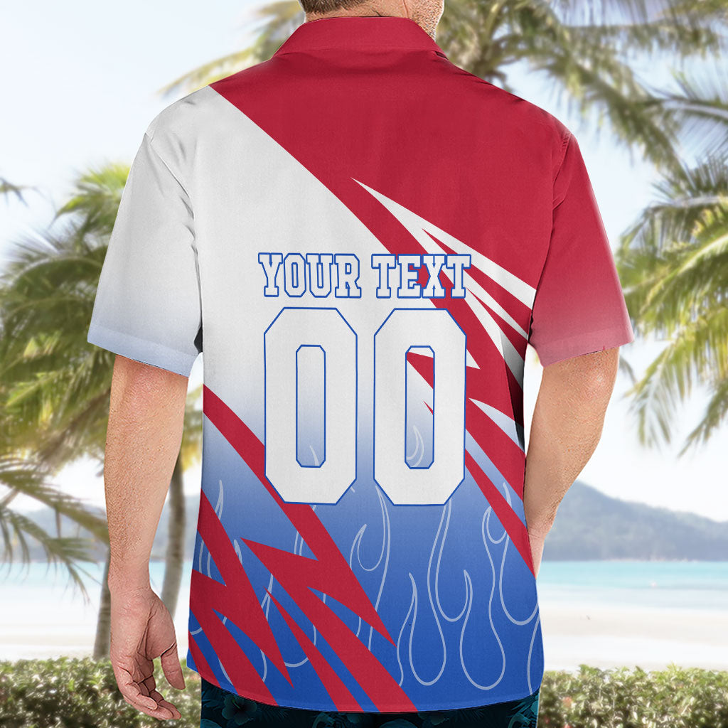 Personalized England Football Hawaiian Shirt Dynamic Lion Athlete Red Blue Flame