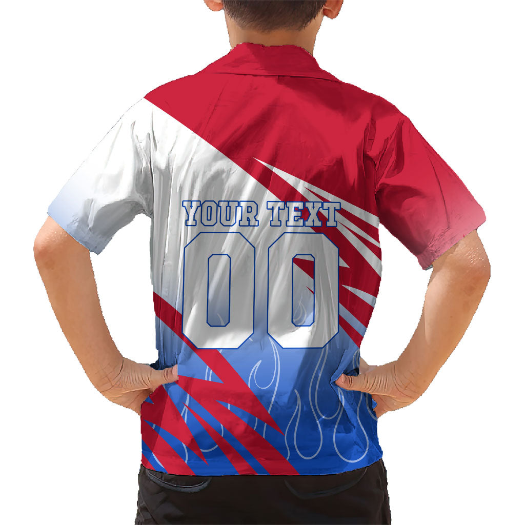 Personalized England Football Hawaiian Shirt Dynamic Lion Athlete Red Blue Flame