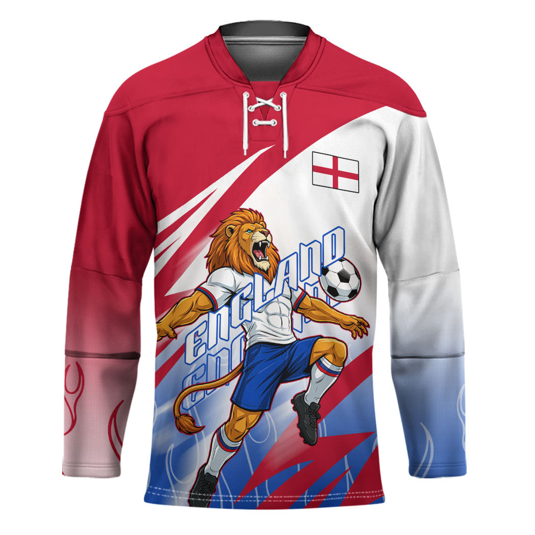 Personalized England Football Hockey Jersey Dynamic Lion Athlete Red Blue Flame