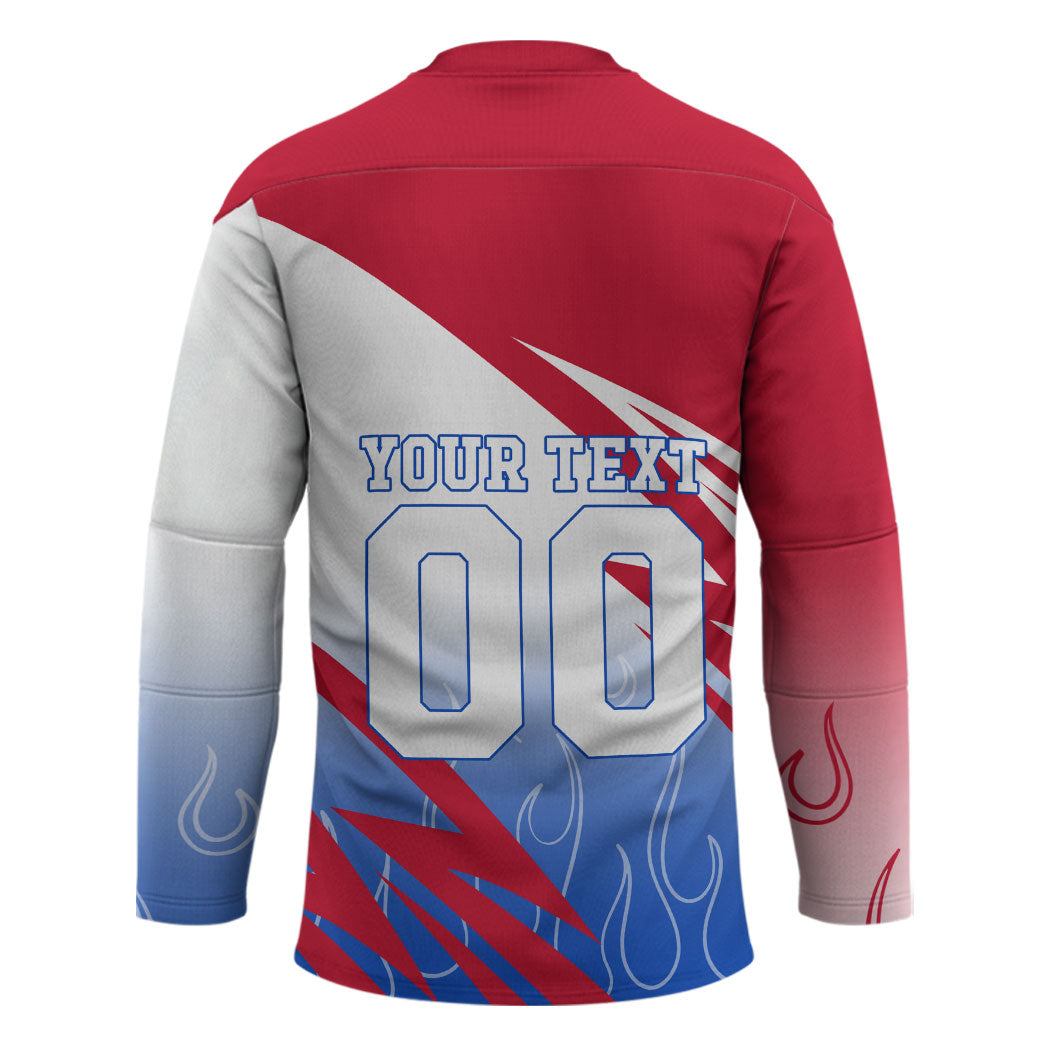 Personalized England Football Hockey Jersey Dynamic Lion Athlete Red Blue Flame
