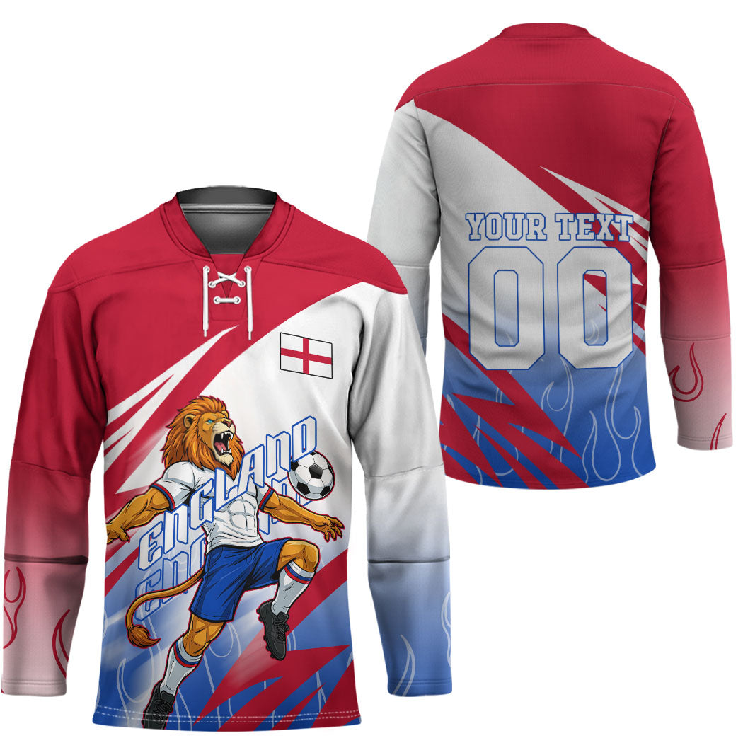 Personalized England Football Hockey Jersey Dynamic Lion Athlete Red Blue Flame