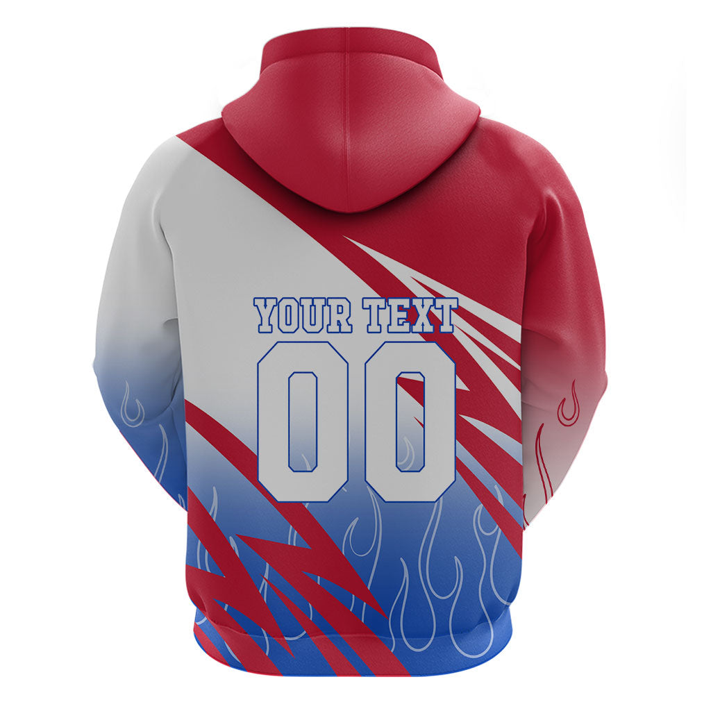 Personalized England Football Hoodie Dynamic Lion Athlete Red Blue Flame