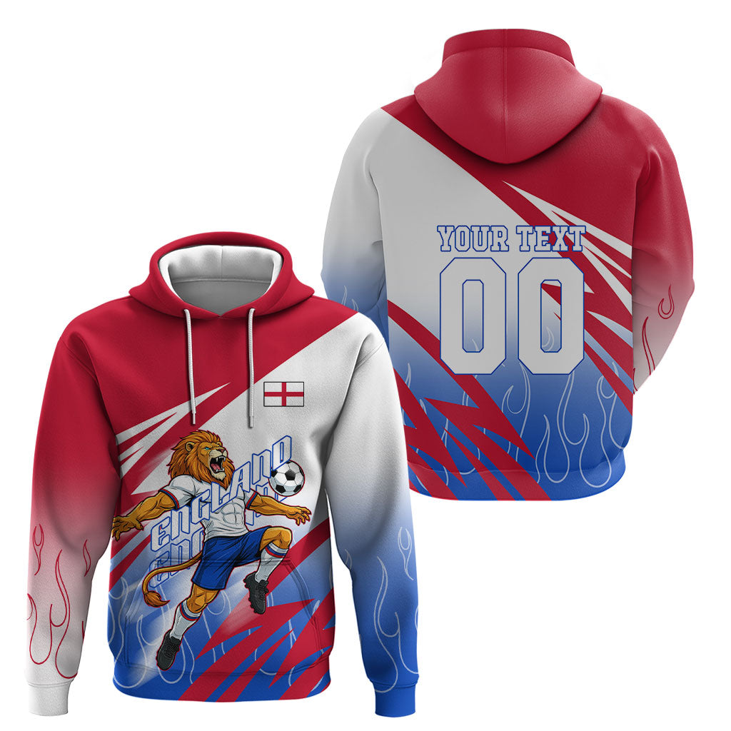 Personalized England Football Hoodie Dynamic Lion Athlete Red Blue Flame