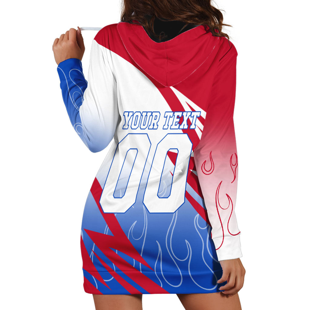 Personalized England Football Hoodie Dress Dynamic Lion Athlete Red Blue Flame