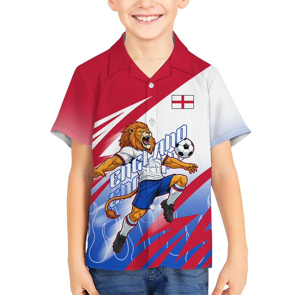 Personalized England Football Kid Hawaiian Shirt Dynamic Lion Athlete Red Blue Flame