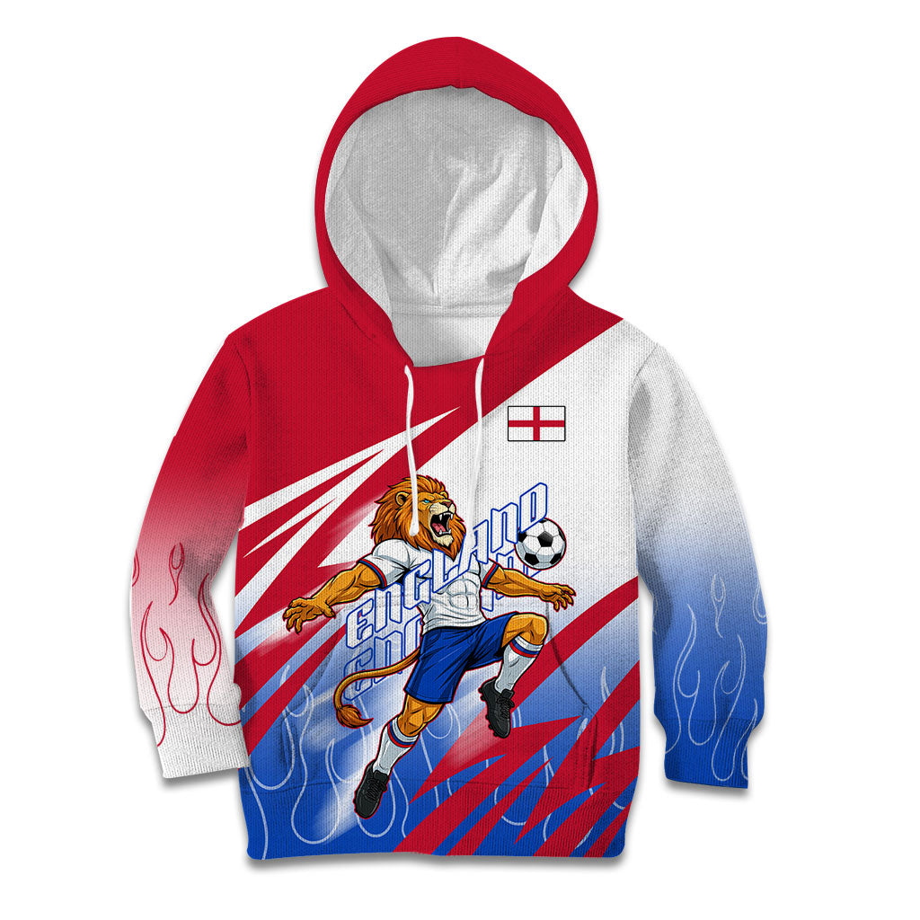 Personalized England Football Kid Hoodie Dynamic Lion Athlete Red Blue Flame