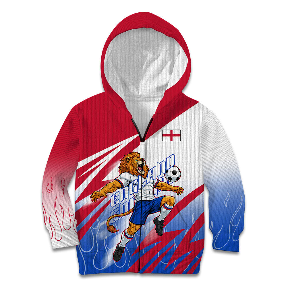 Personalized England Football Kid Hoodie Dynamic Lion Athlete Red Blue Flame