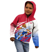 Personalized England Football Kid Hoodie Dynamic Lion Athlete Red Blue Flame