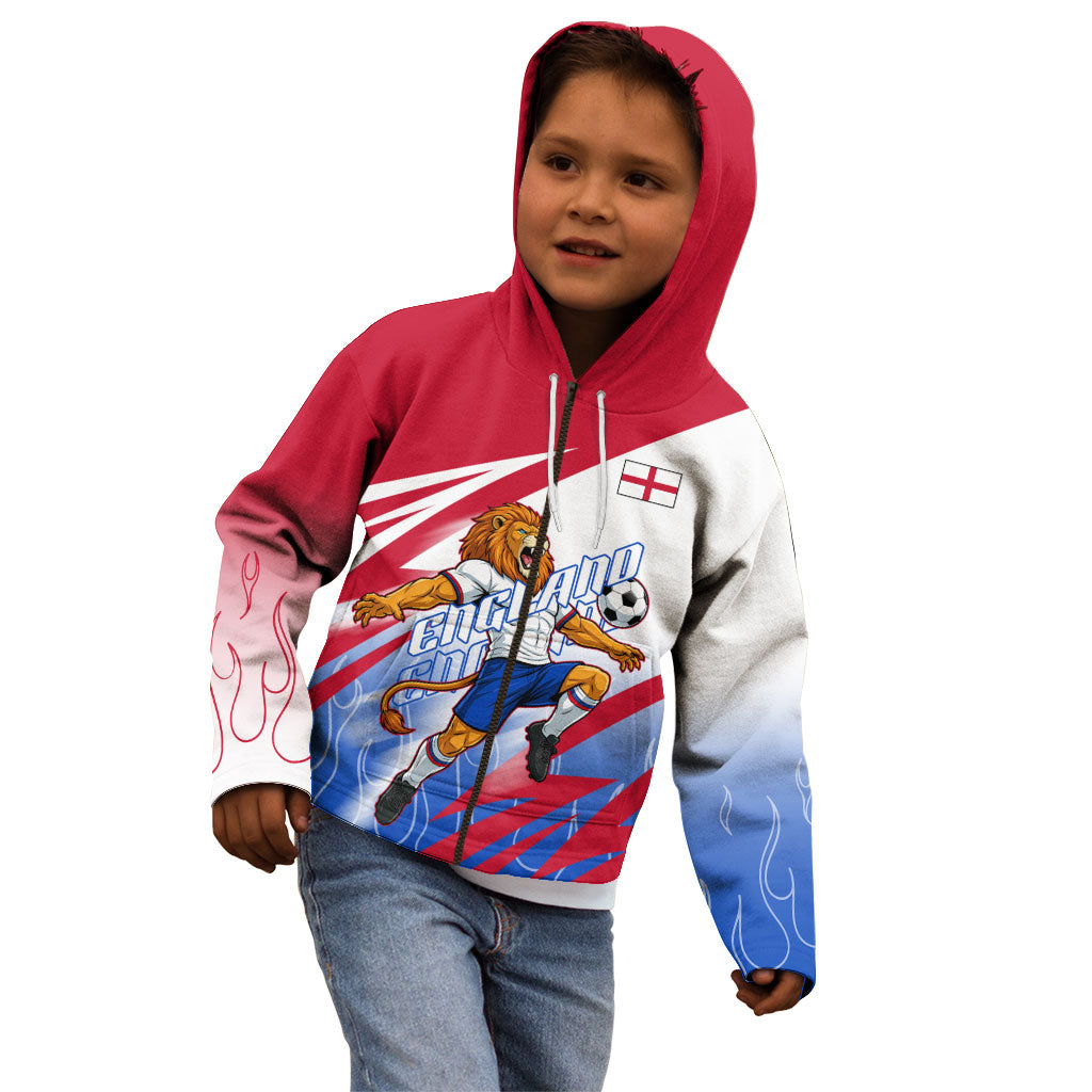 Personalized England Football Kid Hoodie Dynamic Lion Athlete Red Blue Flame