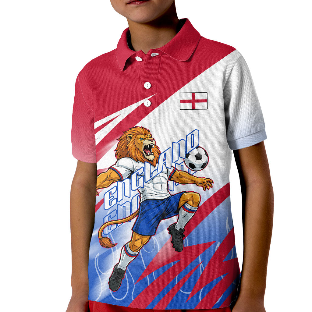 Personalized England Football Kid Polo Shirt Dynamic Lion Athlete Red Blue Flame
