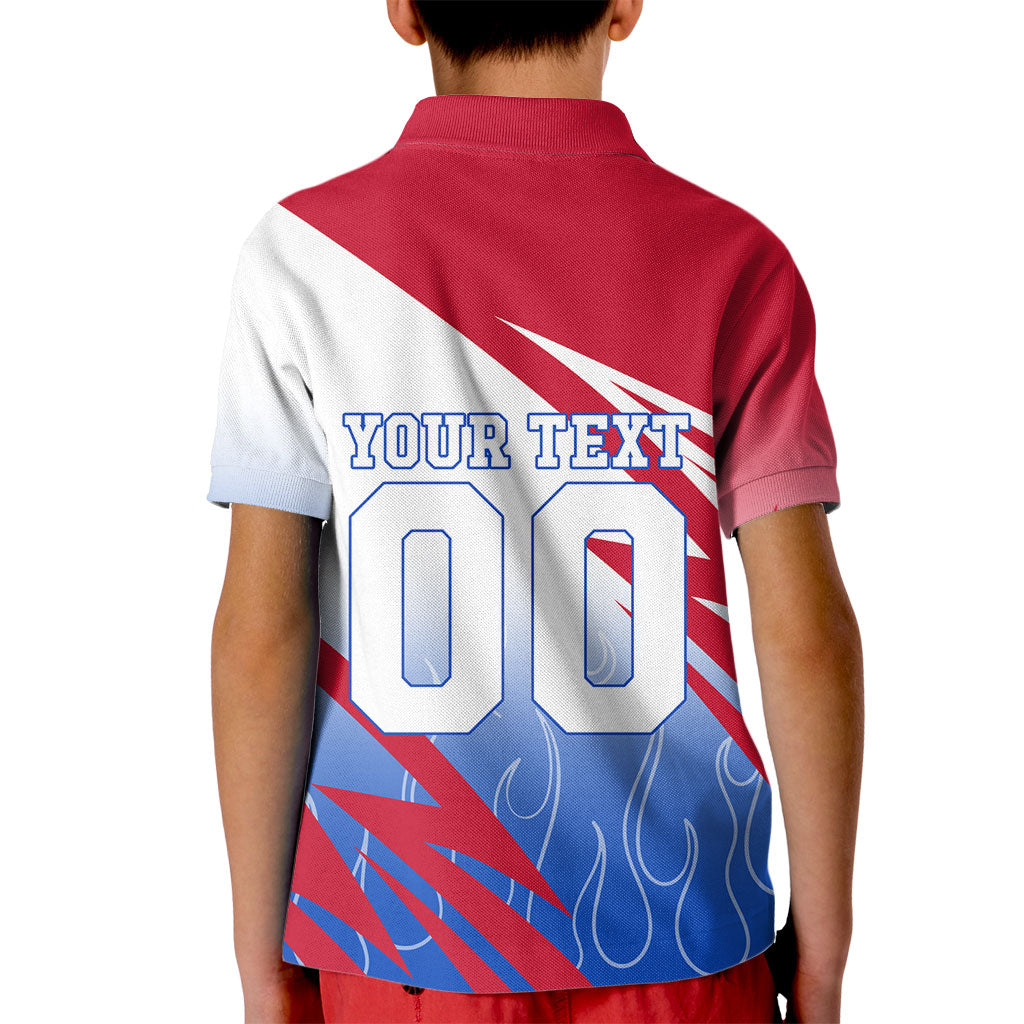 Personalized England Football Kid Polo Shirt Dynamic Lion Athlete Red Blue Flame