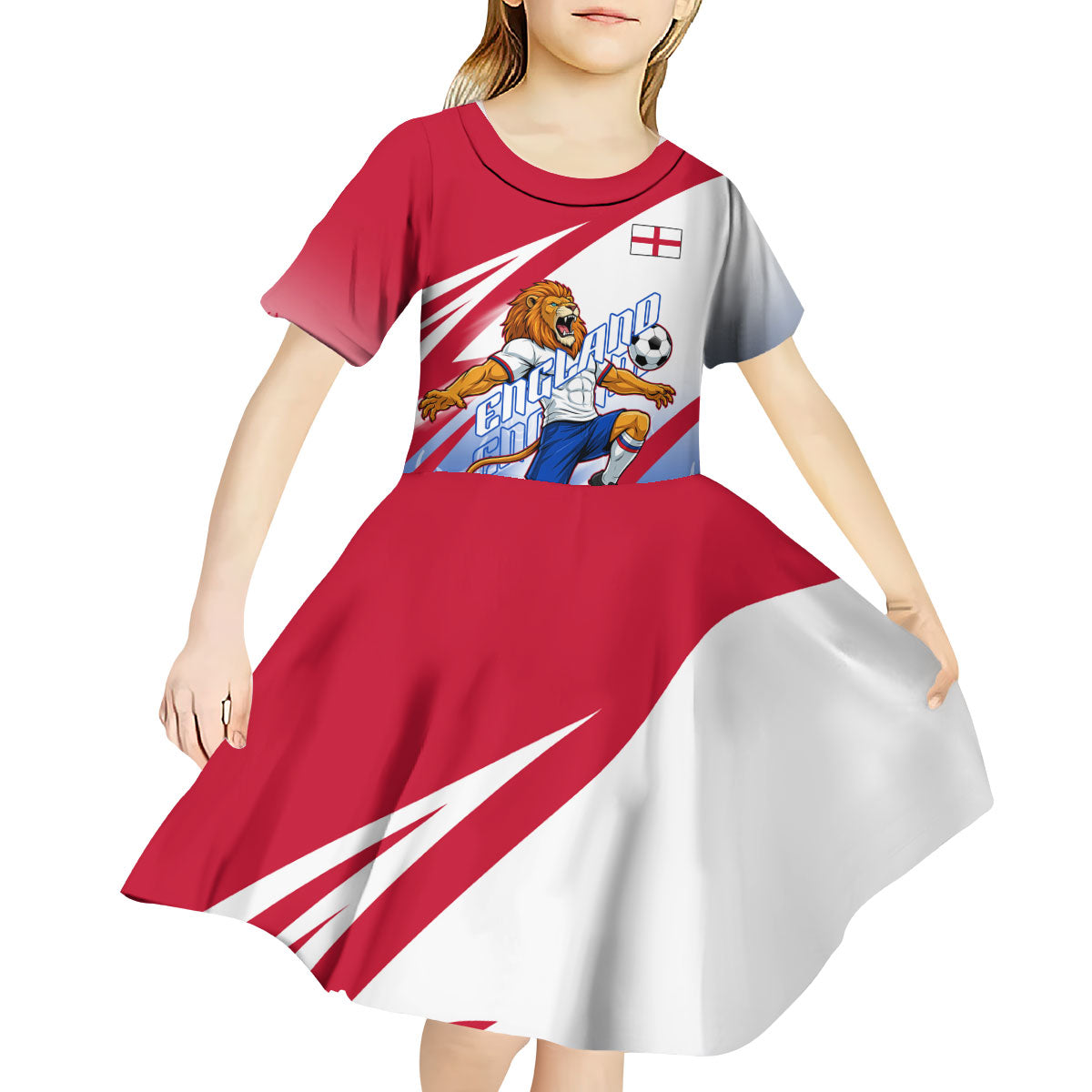 Personalized England Football Kid Short Sleeve Dress Dynamic Lion Athlete Red Blue Flame