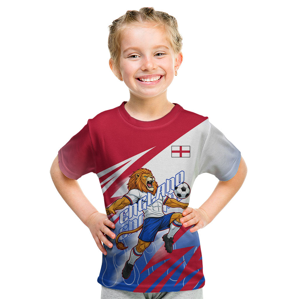 Personalized England Football Kid T Shirt Dynamic Lion Athlete Red Blue Flame