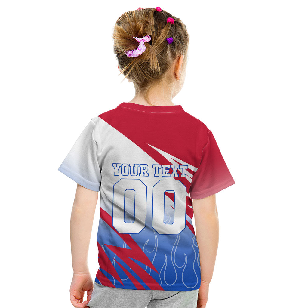 Personalized England Football Kid T Shirt Dynamic Lion Athlete Red Blue Flame
